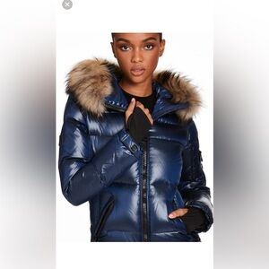 SAM Shiny Blue Puffer Coat with Fur Hood size M